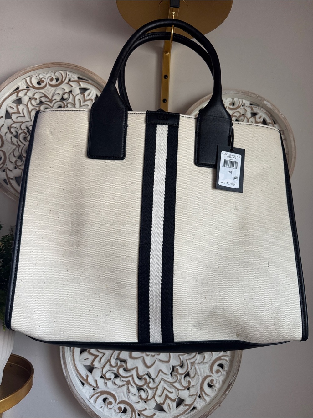 DKNY Cream Canvas Tote with Black Trim and Central Stripe